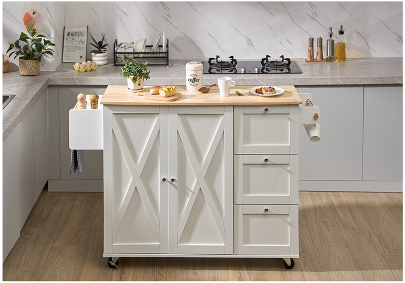 white small kitchen island made of MDF, with storage and 3 drawers, extra space for spices and towel rack