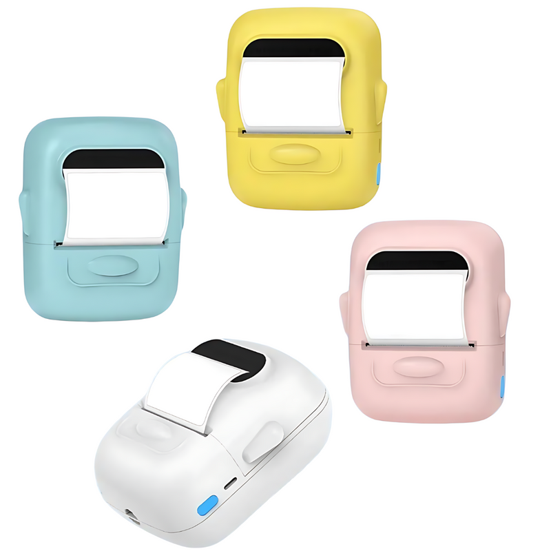 four P50 mini portable label printers, one white, one pink printer, one yellow printer and one blue printer