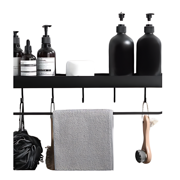 Nordic Black No Drill 
Bathroom Shelf Wall Mounted Organizer with hooks and rail, holding a few shampoos, soap, towel and brushes