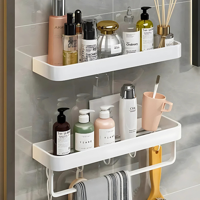 Nordic White No-Drill Bathroom Shelf - Wall Mounted Shower Organizer